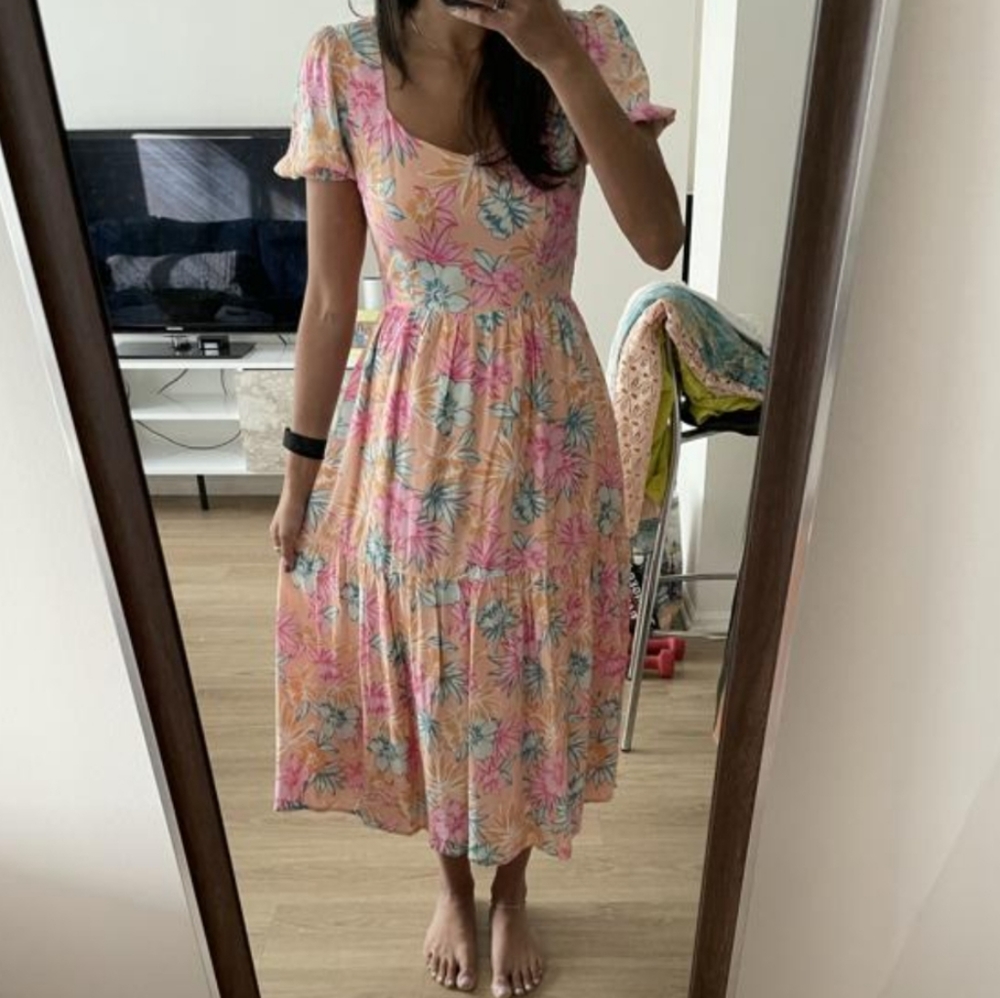 Lost + Wander Sunkist Aloha Midi Dress Floral Hawaiian Print Puff Sleeve Size M